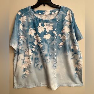 Floral print button front t-shirt, elegant crew neck short sleeve